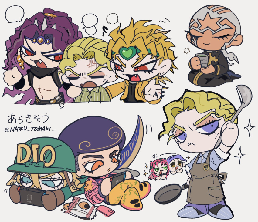 6+boys afro anger_vein apron battle_tendency black_shirt blonde_hair blue_eyes blue_shirt blue_tail brown_gloves buttons buzz_cut cassock chibi chibi_only closed_eyes collared_shirt cookie cooking cup dark-skinned_male dark_skin diamond_button diavolo diego_brando dinosaur_tail dio_brando ear_birthmark earrings fang fingernails food frying_pan gloves green_eyes green_headband green_helmet green_shirt green_sweater grey_apron handheld_game_console headband helmet highres holding holding_frying_pan holding_handheld_game_console horns jacket jewelry jojo_no_kimyou_na_bouken jojolion kars_(jojo) kira_yoshikage long_hair male_focus multiple_boys muscular muscular_male naru_tomaki nintendo_switch orange_eyes oven_mitts pants pink_hair pink_shirt playing_games ponytail priest purple_hair red_eyes scary_monsters_(stand) sharp_fingernails shirt short_hair sitting sleeves_rolled_up sparkle stand_(jojo) stardust_crusaders steel_ball_run stone_ocean sweater tail teddy_bear_ornament tooru_(jojolion) topless_male vento_aureo very_short_hair vinegar_doppio violet_eyes white_hair yellow_jacket yellow_pants