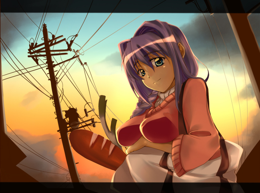 1girl bag blue_eyes braid bread breast_hold fesuta food groceries hair_intakes kanon minase_akiko power_lines purple_hair solo spring_onion sunset sweater