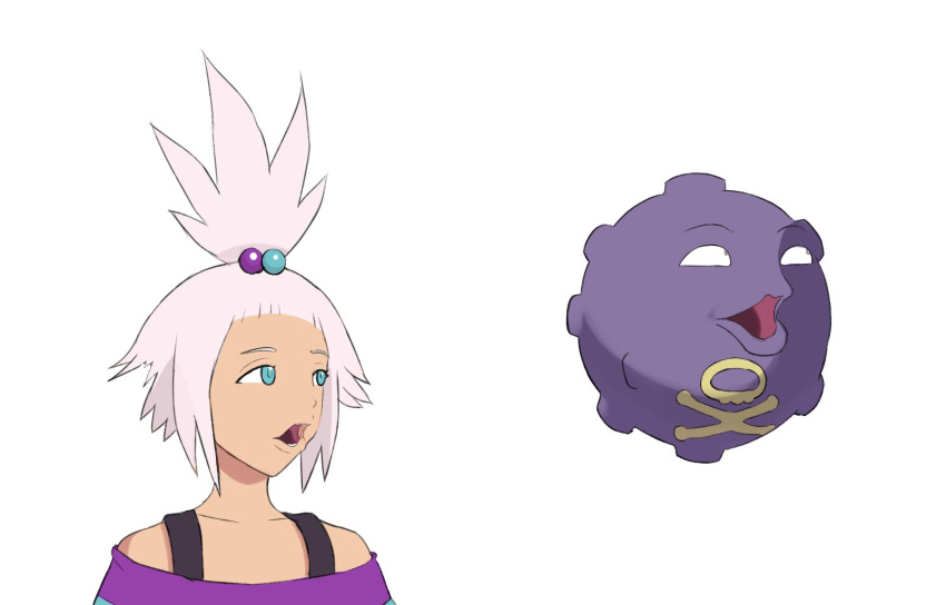 1girl blue_eyes commentary commission countgate dress english_commentary hair_bobbles hair_ornament highres koffing looking_to_the_side meme multicolored_hair_bobbles off-shoulder_dress off_shoulder open_mouth pogchamp_(meme) pokemon pokemon_(creature) pokemon_bw2 roxie_(pokemon) short_hair simple_background topknot upper_body white_background white_hair