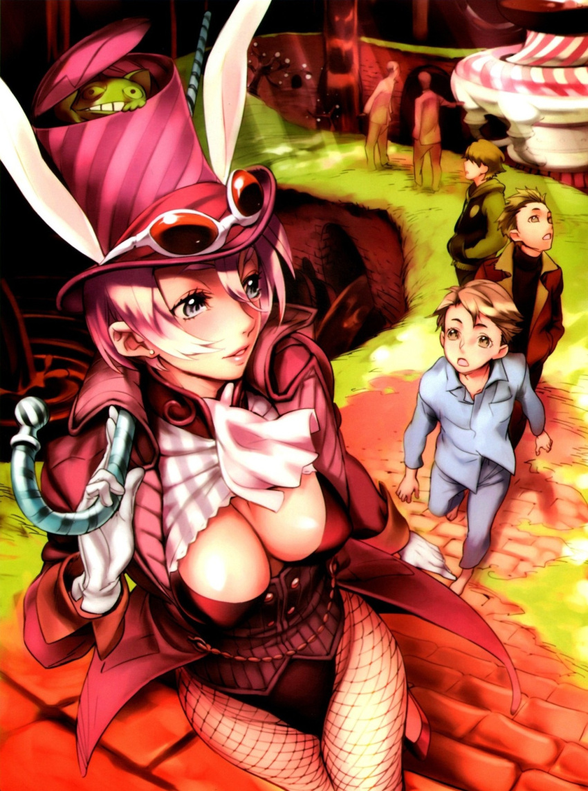 animal_ears blue_eyes breasts bunny_ears cleavage detexted fishnet_pantyhose fishnets glasses hat highres lipstick nishieda pantyhose pink_hair scarf short_hair