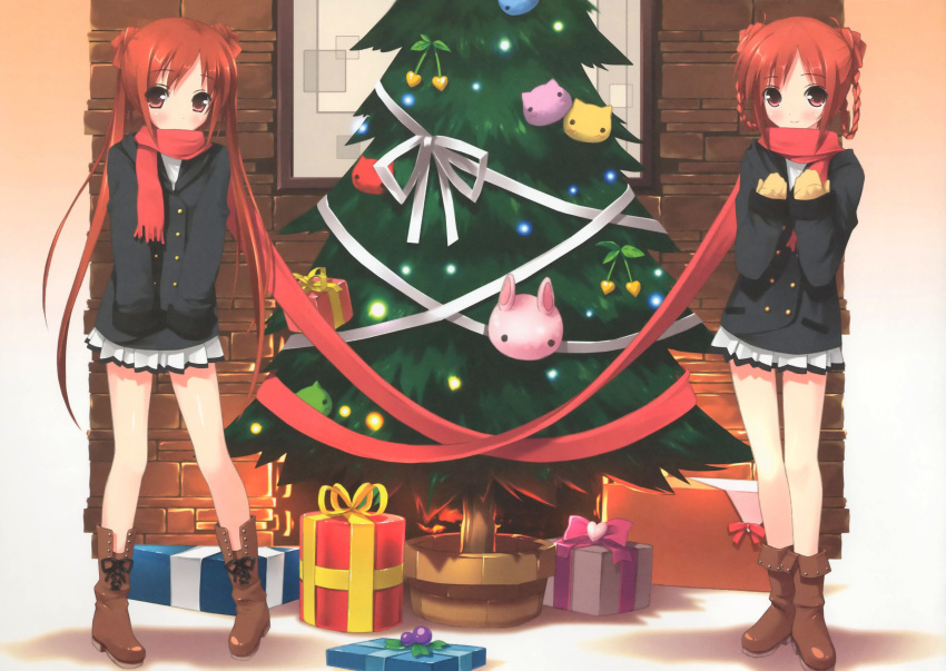2girls christmas kantoku presents red_eyes red_hair scarf school_uniform tagme