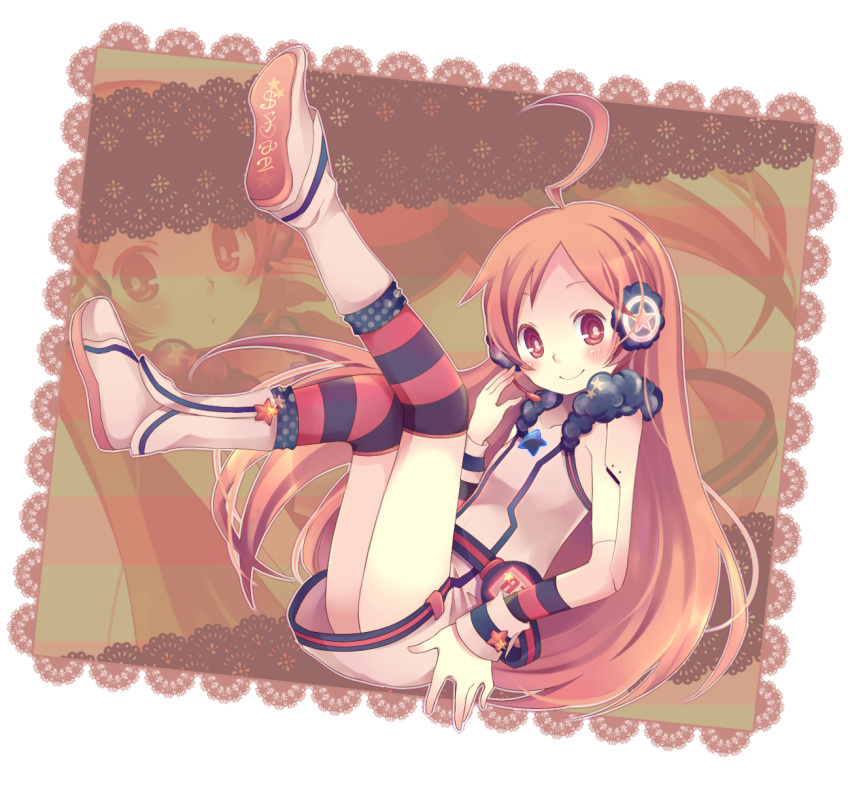 android belt boots dress earmuffs gloves headphones headset highres kneehighs legs_up long_hair maimu_(polka) miki_(vocaloid) red_eyes red_hair redhead robot_joints sf-a2_miki smile socks solo star striped striped_gloves striped_kneehighs very_long_hair vocaloid wrist_cuffs