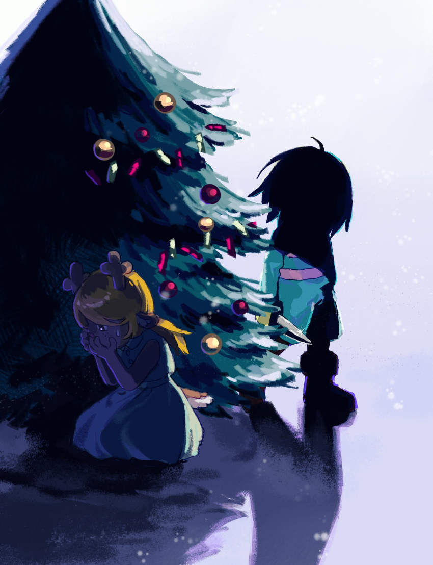 1girl 1other absurdres antlers beryllium_game blue_sweater christmas_tree deer_antlers deer_girl deer_tail deltarune frisk_(undertale) furry genocide_route_(undertale) hands_on_own_face highres holding holding_knife horns kneeling knife noelle_holiday scared shaded_face snow sweater tail undertale utdr_(toby_fox)
