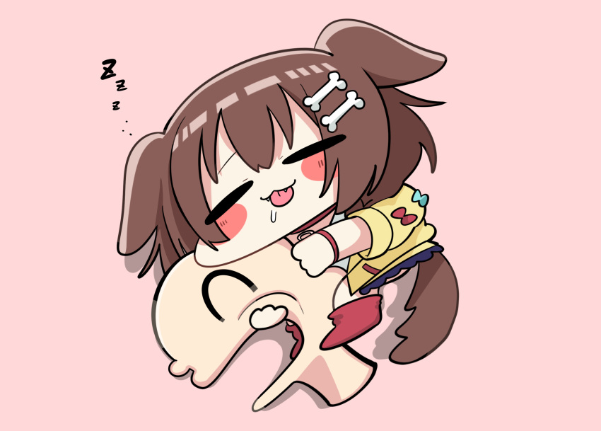 1girl =_= animal_collar animal_ears blush_stickers bone_hair_ornament brown_hair brown_tail character_pillow chibi chibi_only closed_eyes collar dog_ears dog_girl dog_tail dress fangs full_body hair_ornament hairclip highres hololive inugami_korone inugami_korone_(1st_costume) jacket kakue_gaku listener_(inugami_korone) long_hair no_shoes pink_background red_collar red_socks simple_background sleeping socks solo tail tongue tongue_out virtual_youtuber white_dress yellow_jacket zzz