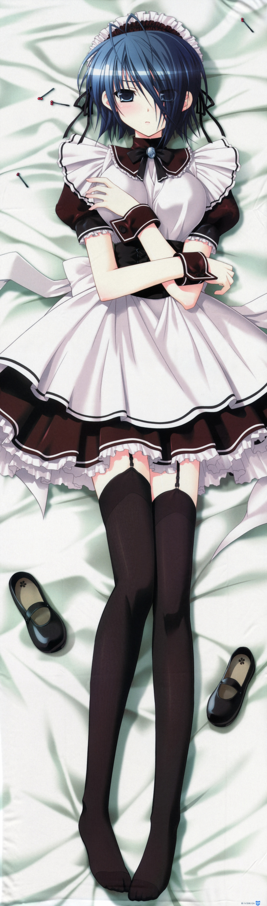 absurdres black_legwear blue_eyes blue_hair dakimakura garter_straps hair_over_one_eye higa_yukari highres kirishima_sakura lying maid maid_headdress sakura_sakura shoes_removed solo stockings thigh-highs thighhighs wrist_cuffs