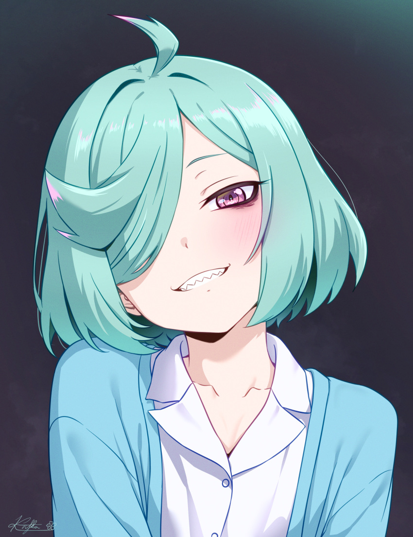 1girl absurdres ahoge anemo_nemo aqua_hair blue_coat blush coat collarbone collared_shirt commentary_request dot_nose fang grey_background hair_over_one_eye highres kafka963 mahou_shoujo_ni_akogarete sharp_teeth shirt short_hair signature simple_background smile solo solo_focus teeth violet_eyes white_shirt