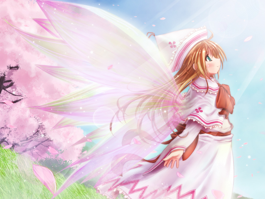 capelet cherry_blossoms dress grass green_hair hat highres lily_white long_hair petals ribbon scarlet_(studioscr) solo touhou tree wallpaper wings