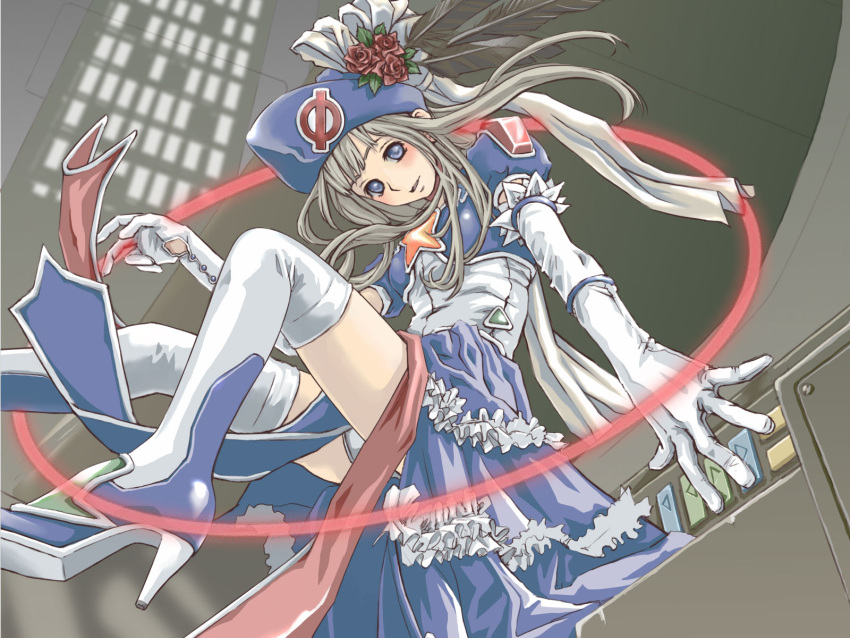 1girl dress elbow_gloves feathers flower gloves hat high_heels highres long_hair looking_at_viewer opera-tan os-tan personification ribbon ribbons rose roses shoes silver_hair temp_h thighhighs thighs
