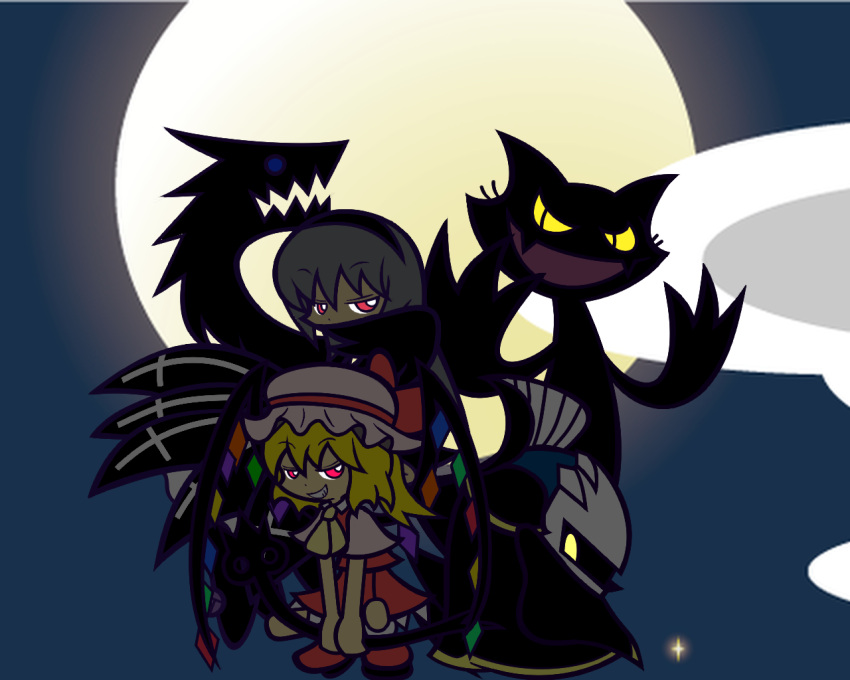 crossover flandre_scarlet flat_color grey_hair kirby_(series) meta_knight moon nintendo parody popoi puyopuyo red_eyes rozen_maiden style_parody suigintou touhou wings y&amp;k