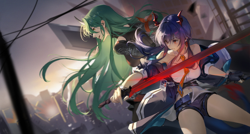 2girls arknights bare_shoulders belt black_shorts blue_hair ch'en_(arknights) collared_shirt commentary dragon_horns glowing glowing_sword glowing_weapon green_hair highres holding holding_sword holding_weapon horns hoshiguma_(arknights) kurasamerukia long_hair multicolored_neckwear multiple_girls navel neckwear off_shoulder oni_horns outdoors shield shirt short_shorts shorts single_horn sleeveless sleeveless_shirt sword thighs weapon white_shirt yellow_neckwear