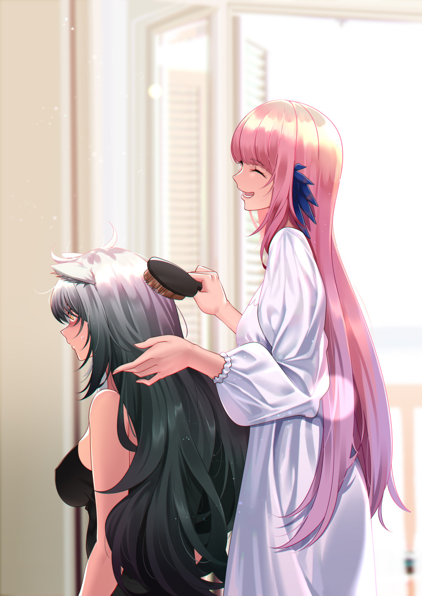 2girls :d absurdres animal_ears arknights bangs bare_shoulders blush breasts brushing_another's_hair cat_ears ceylon_(arknights) closed_eyes commentary dress from_side hair_brush highres holding indoors large_breasts long_hair long_sleeves multiple_girls no_hat no_headwear open_mouth pink_hair schwarz_(arknights) shijie_jianfa silver_hair smile upper_body very_long_hair white_dress yellow_eyes