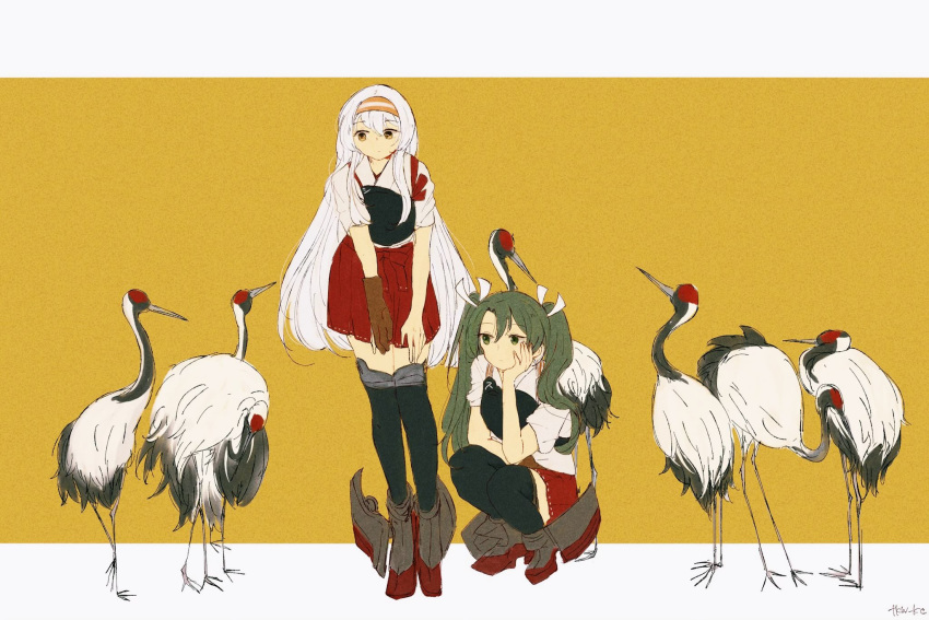 2girls bird black_legwear brown_gloves crane_(animal) dark_green_hair full_body gloves green_eyes hairband highres kantai_collection long_hair multiple_girls muneate partly_fingerless_gloves pleated_skirt red_skirt shoukaku_(kantai_collection) single_glove skirt squatting thigh-highs tokiwa_(tkw_kc) twintails twitter_username white_hair yugake zuikaku_(kantai_collection)