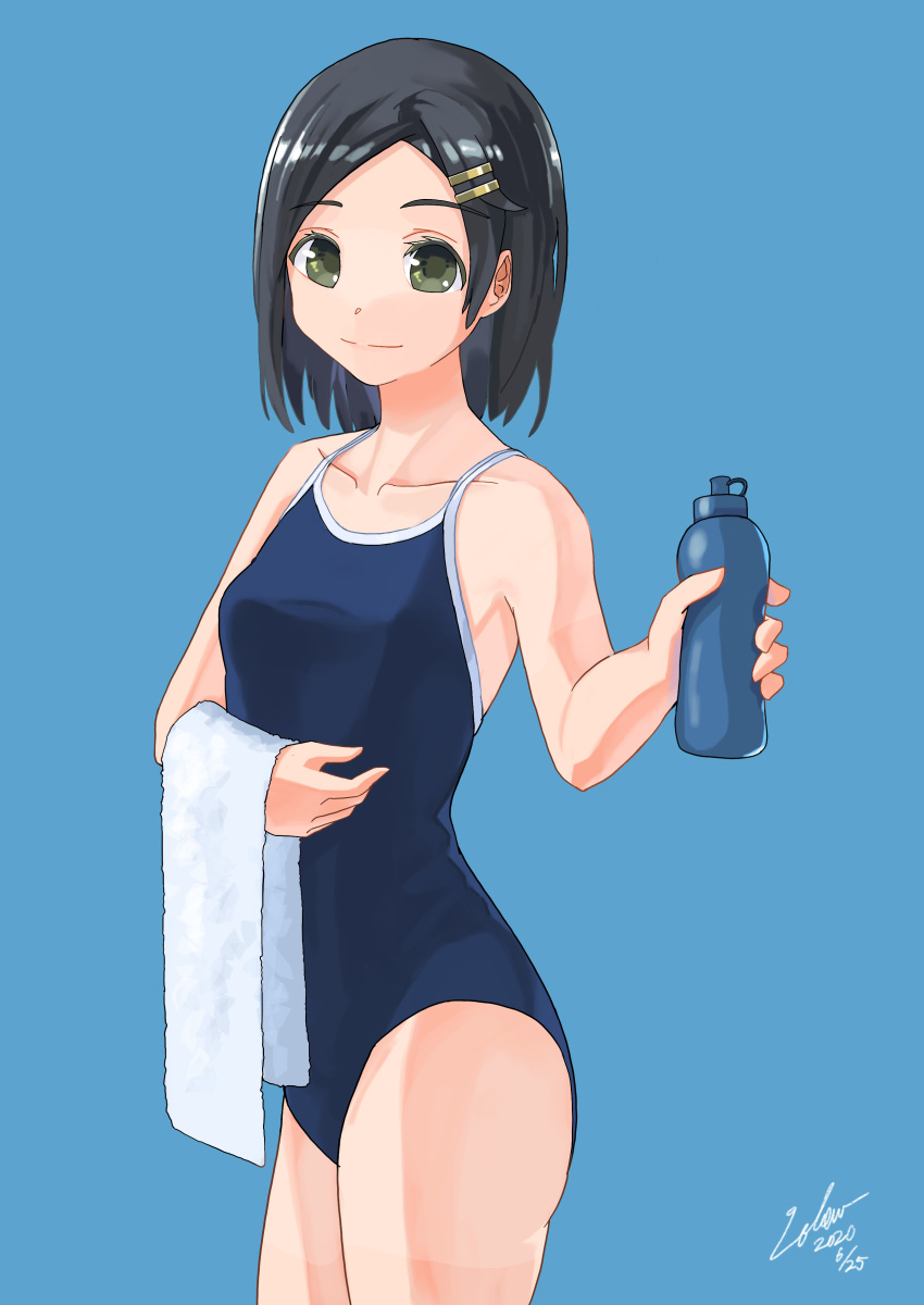 1girl absurdres alternate_costume bare_shoulders black_hair blue_background bottle breasts green_eyes hair_ornament hairclip highres holding holding_bottle kantai_collection kuroshio_(kantai_collection) looking_at_viewer school_swimsuit short_hair simple_background small_breasts smile solo swimsuit towel utachy