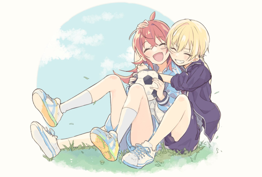 2girls ball blonde_hair closed_eyes commentary_request ear_piercing full_body grass highres holding holding_ball hug hug_from_behind idolmaster idolmaster_shiny_colors jacket knees_up komiya_kaho long_hair long_sleeves miyama_kirazu multiple_girls open_mouth piercing redhead saijou_juri shoes short_hair shorts sitting sitting_on_ground sneakers soccer_ball thighs white_legwear