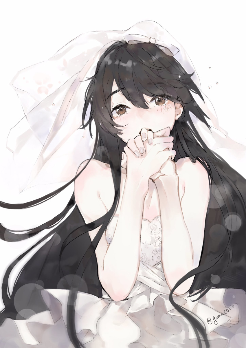 1girl bangs black_hair blush brown_eyes dress eyebrows_visible_through_hair hair_between_eyes hands_together haruna_(kantai_collection) highres kantai_collection long_hair neko_(ganecooo) open_mouth simple_background sleeveless sleeveless_dress solo tears twitter_username veil wedding_dress white_background white_dress