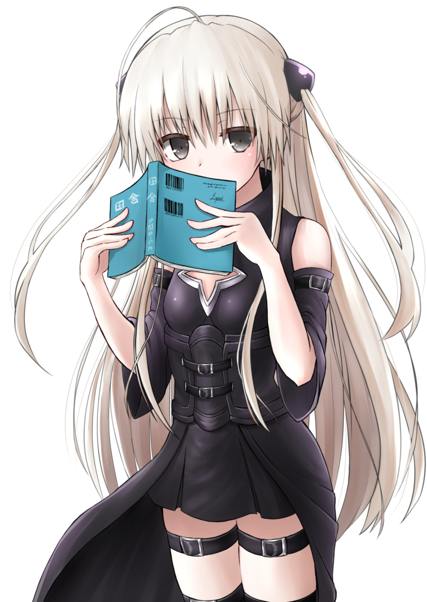 1girl alternate_hairstyle bare_shoulders black_dress blush book breasts cape cleavage_cutout commentary_request cosplay covering_mouth cowboy_shot detached_sleeves dress green_eyes grey_eyes hands_up highres holding holding_book kasugano_sora konjiki_no_yami konjiki_no_yami_(cosplay) long_hair silver_hair skindentation small_breasts solo thigh_strap to_love-ru to_love-ru_darkness two_side_up very_long_hair white_hair wide_sleeves yosuga_no_sora yuyami_no_sora