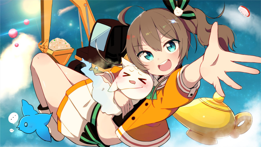 ... 1girl :d animal bangs bird black_camisole blue_eyes blue_sky blush boots brown_hair camisole cat_hair_ornament clouds commentary_request day excavator eyebrows_visible_through_hair hair_between_eyes hair_ornament highres hololive jacket looking_at_viewer looking_to_the_side midriff natsuiro_matsuri oil_lamp okota_mikan open_mouth orange_jacket outdoors outstretched_arm pleated_skirt puffy_short_sleeves puffy_sleeves round_teeth short_sleeves side_ponytail skirt sky smile solo spoken_ellipsis sun teeth upper_teeth v-shaped_eyebrows virtual_youtuber white_footwear white_skirt