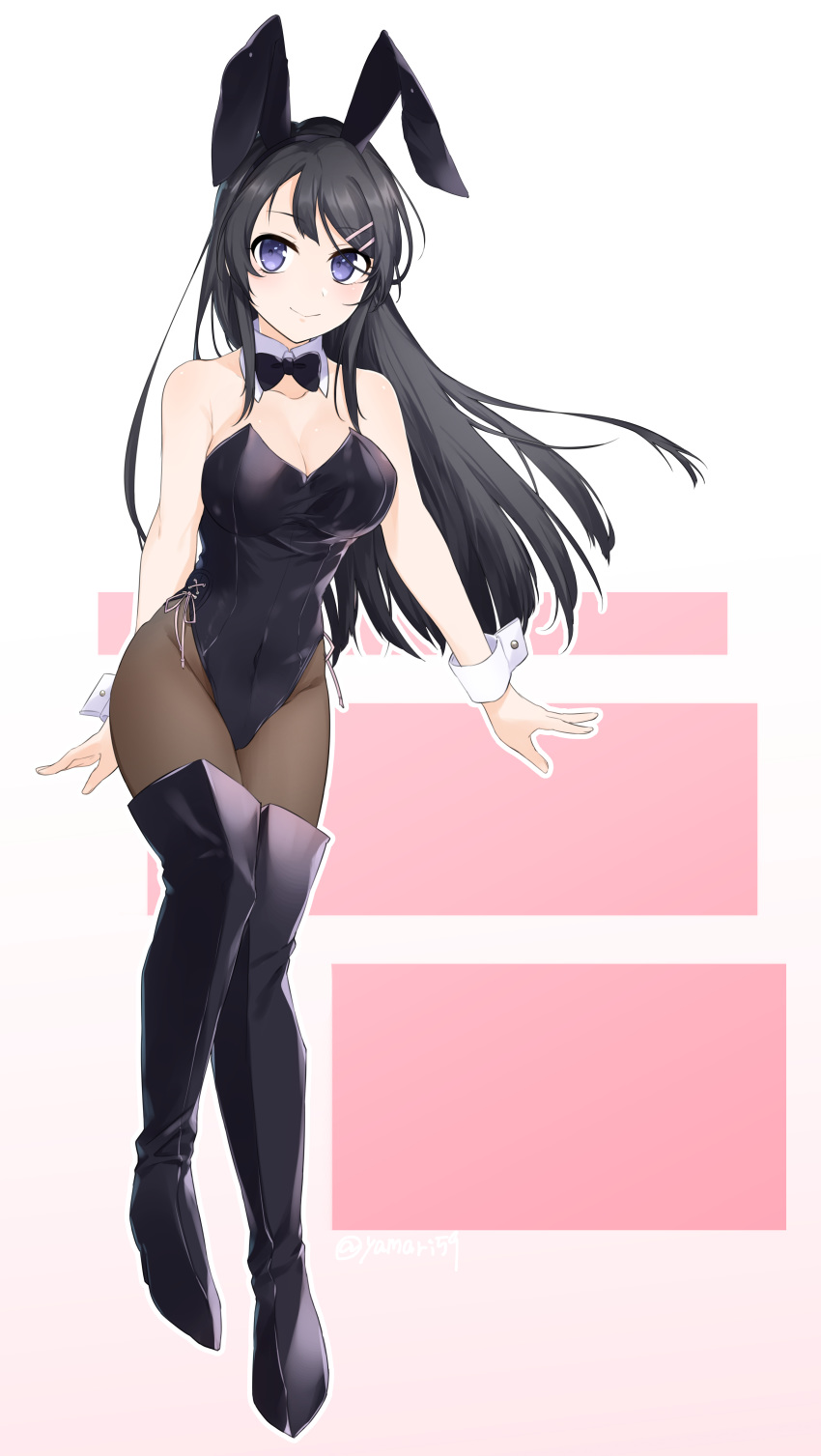 1girl absurdres animal_ears black_footwear black_hair black_legwear black_leotard black_neckwear boots bow bowtie bunny_girl bunny_tail bunnysuit commentary_request detached_collar fake_animal_ears full_body hair_ornament hairclip highres leaning_forward leotard long_hair looking_at_viewer mari_(rodoney-kiara) pantyhose rabbit_ears sakurajima_mai seishun_buta_yarou solo standing strapless strapless_leotard tail thigh-highs thigh_boots two-tone_background violet_eyes white_background wrist_cuffs