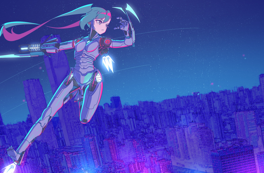 1girl absurdres android aqua_hair arm_blade arm_cannon cityscape flying full_body highres joints mechanical_parts original parted_lips piston robot_joints science_fiction sky solo star_(sky) starry_sky thrusters twintails violet_eyes wakamoto_zenko weapon
