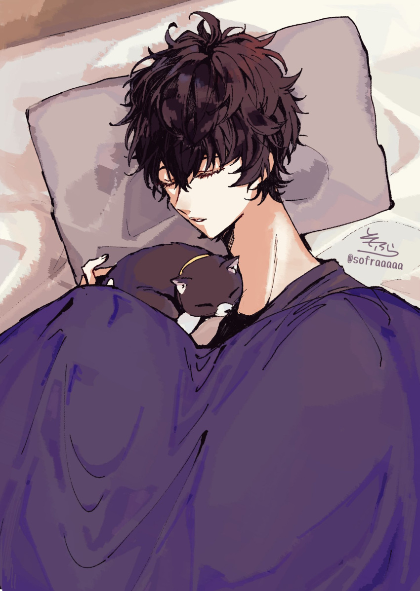 1boy amamiya_ren animal bangs bed black_cat black_hair black_shirt cat closed_eyes commentary_request hair_between_eyes highres lying male_focus morgana_(persona_5) on_side parted_lips persona persona_5 pillow shirt signature sleeping sofra twitter_username under_covers