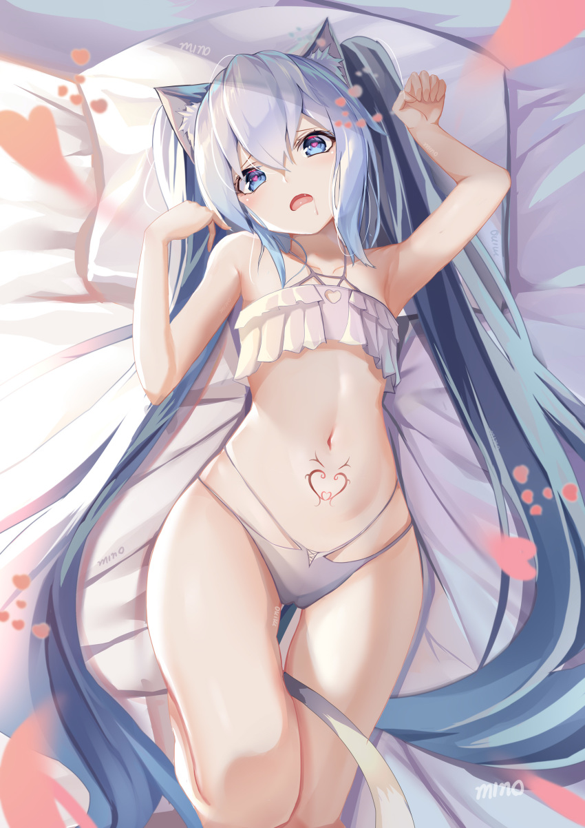 1girl absurdres animal_ears artist_name bed blue_eyes blue_hair bra cat_ears drooling hair_between_eyes hatsune_miku heart heart-shaped_pupils highres long_hair looking_at_viewer lying minoominoomi navel on_back on_bed open_mouth panties paw_pose pillow pubic_tattoo solo symbol-shaped_pupils tattoo thigh_gap twintails underwear underwear_only very_long_hair vocaloid white_bra white_panties