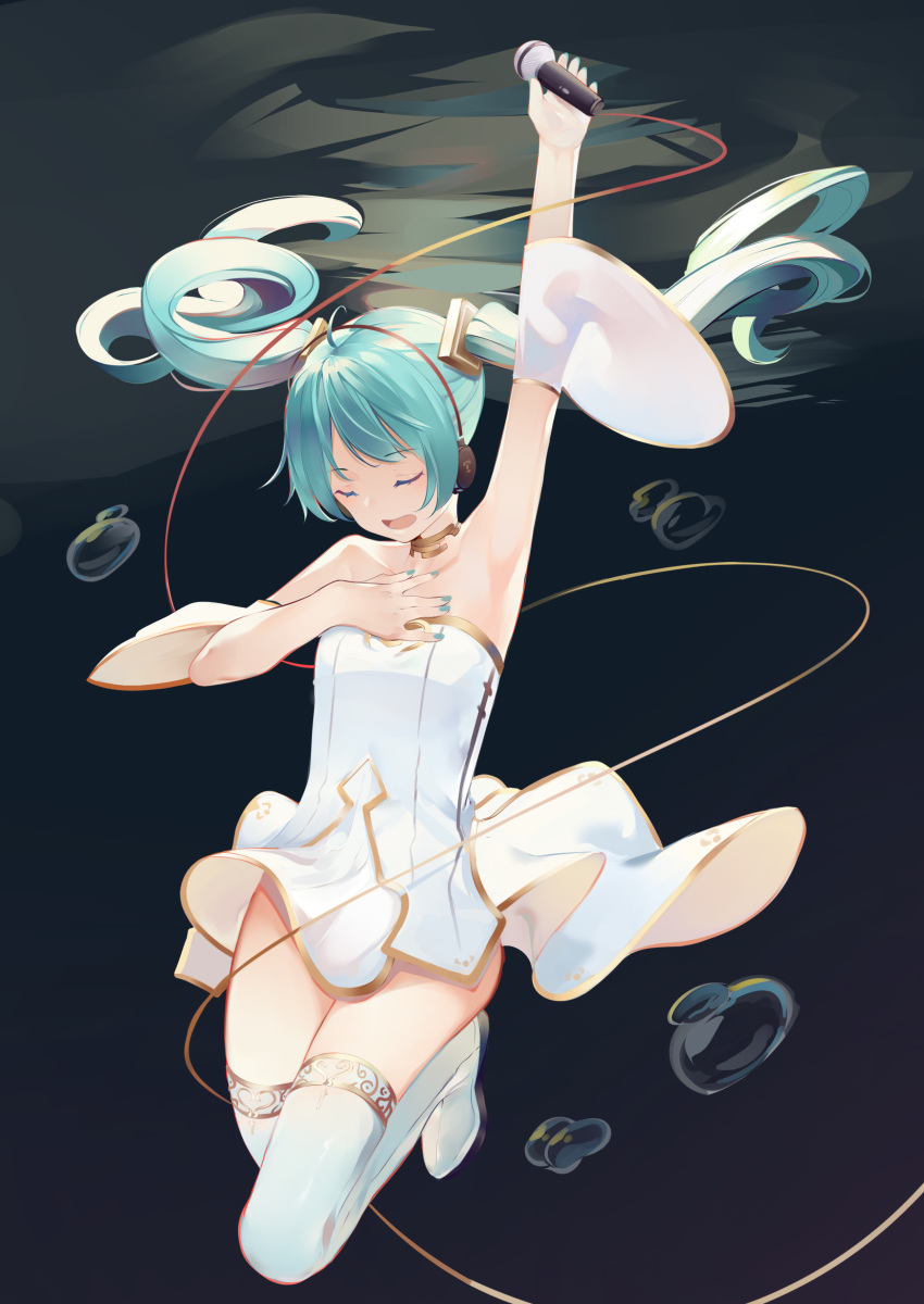 1girl absurdres ahoge alternate_costume aqua_hair arm_up armpits blue_nails boots cable closed_eyes collar collarbone detached_sleeves dress full_body hand_on_own_chest hatsune_miku headphones highres holding holding_microphone long_hair microphone nail_polish open_mouth short_sleeves solo strapless strapless_dress submerged thigh-highs thigh_boots twintails underwater vocaloid white_dress white_footwear zeppeki_shoujo