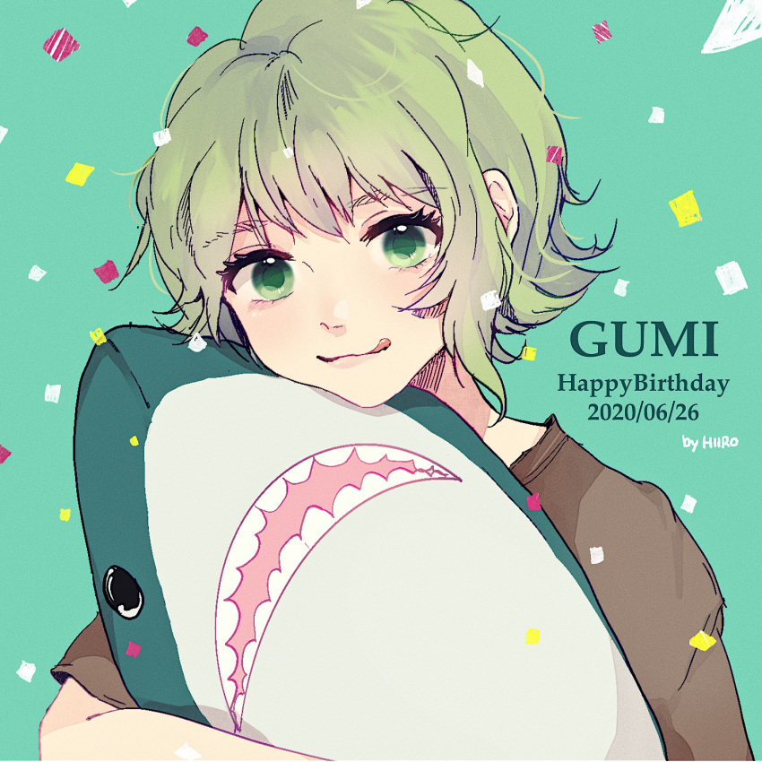 1girl 2020 :p aqua_background arm_at_side artist_name black_shirt character_name close-up eyebrows_visible_through_hair eyelashes green_eyes green_hair gumi hair_between_eyes happy_birthday highres hiiro hug light_smile looking_at_viewer shirt short_hair short_sleeves sidelocks simple_background solo square stuffed_animal stuffed_shark stuffed_toy tareme tongue tongue_out toy upper_body very_short_hair vocaloid