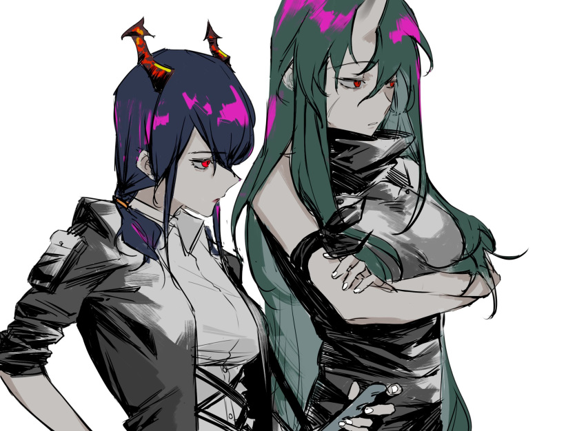 2girls akagine_sansu arknights armband armor black_jacket black_shirt blue_hair breastplate breasts ch'en_(arknights) closed_mouth collared_shirt commentary crossed_arms dragon_horns dress_shirt eyebrows_visible_through_hair facial_scar green_hair hair_between_eyes highres horns hoshiguma_(arknights) jacket lips long_hair medium_breasts multiple_girls oni_horns open_clothes open_jacket red_eyes scar scar_on_cheek shirt simple_background sleeveless sleeveless_shirt turtleneck twintails upper_body white_background white_shirt wing_collar