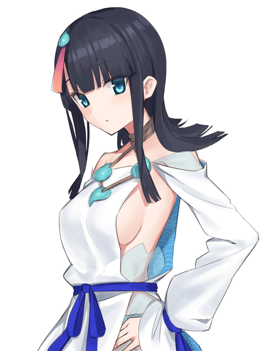 1girl bangs bare_shoulders black_hair blue_eyes blue_ribbon blush breasts collarbone dress elfenlied22 fate/grand_order fate/requiem fate_(series) highres jewelry large_breasts long_sleeves looking_at_viewer magatama magatama_hair_ornament medium_hair multicolored_hair necklace pelvic_curtain pink_hair puffy_long_sleeves puffy_sleeves ribbon short_dress sideboob sideless_outfit streaked_hair thighs utsumi_erise white_dress