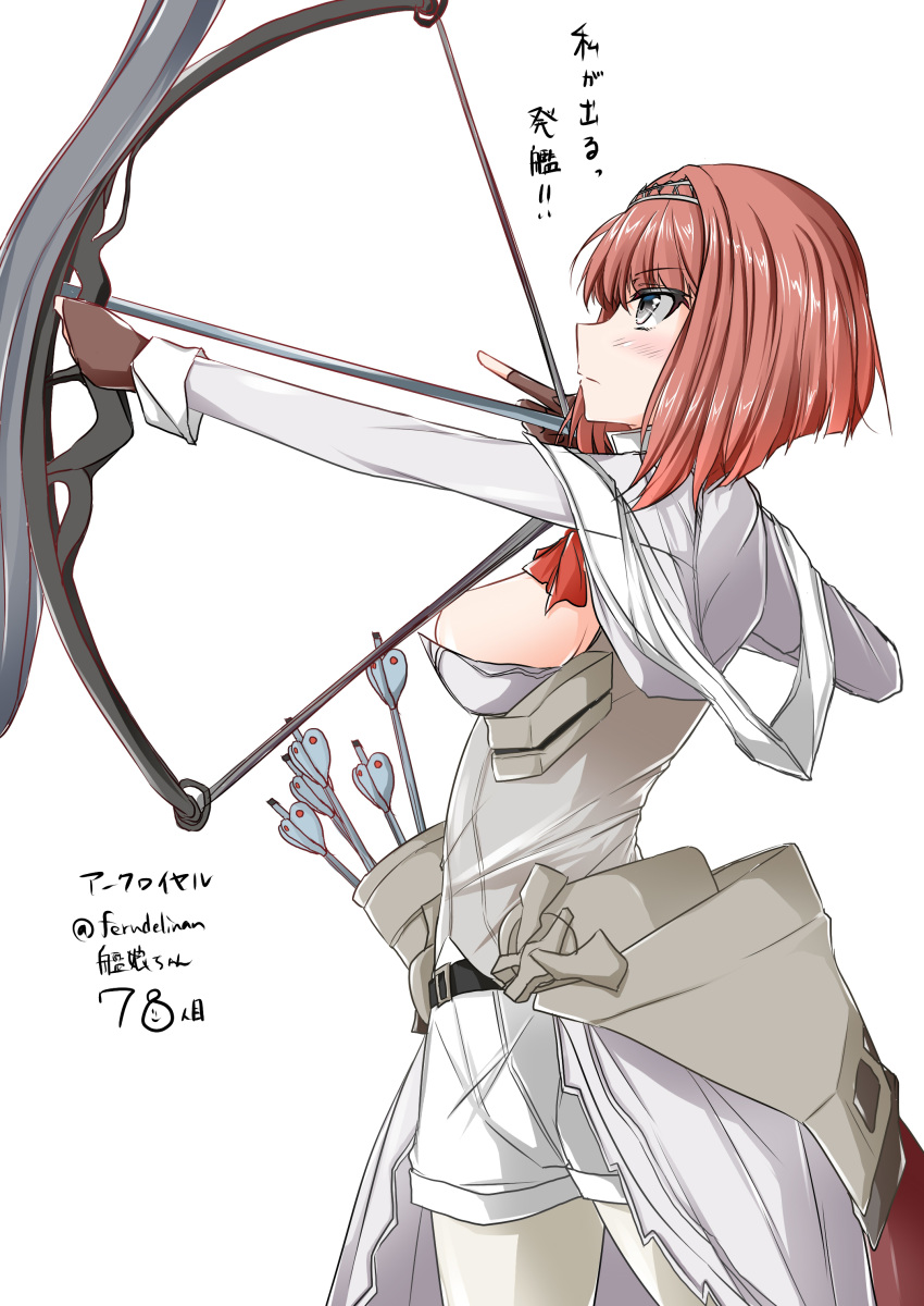 1girl absurdres aiming ark_royal_(kantai_collection) bangs blue_eyes blunt_bangs bob_cut bow_(weapon) brown_gloves character_name cleavage_cutout commentary_request compound_bow ferdinand_(akizuki) fingerless_gloves gloves hairband highres inverted_bob kantai_collection long_sleeves machinery numbered overskirt pantyhose quiver red_ribbon redhead ribbon short_hair shorts simple_background solo tiara translation_request twitter_username weapon white_background white_legwear white_shorts