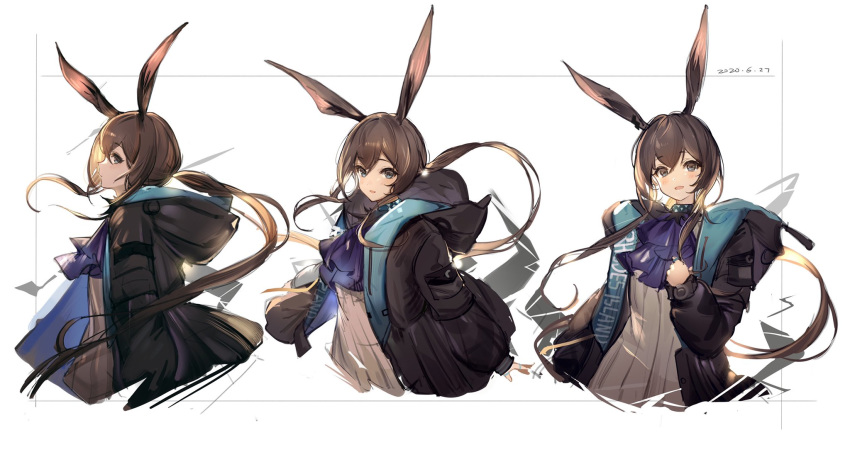1girl amiya_(arknights) animal_ears arknights ascot bangs black_jacket blue_neckwear blush brown_eyes brown_hair closed_mouth coat dated facing_viewer frilled_ascot frills from_side hair_between_eyes hand_on_own_chest highres hood hooded_jacket jacket long_hair long_sleeves looking_at_viewer multiple_rings multiple_views open_clothes open_jacket rabbit_ears sidelocks simple_background sketch smile thumb_ring tomato_omurice_melon upper_body white_background