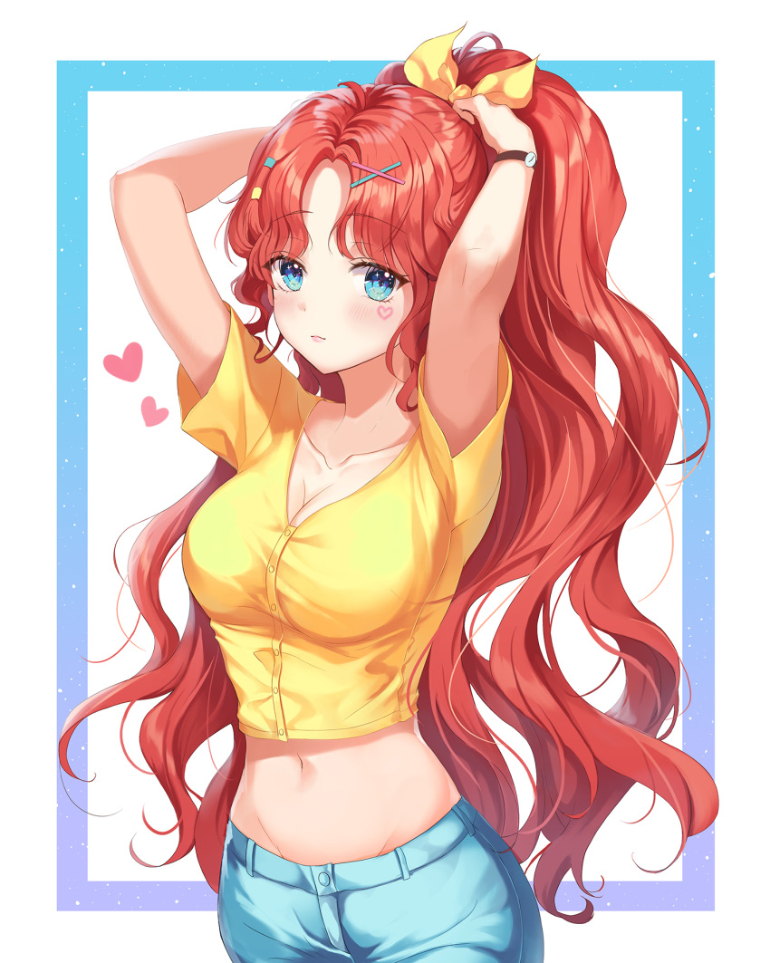 1girl arms_up bangs blue_background blue_pants blush breasts casual closed_mouth collarbone commentary denim eyebrows_visible_through_hair hair_ornament hair_ribbon hands_in_hair heart heart_tattoo heeri highres large_breasts long_hair looking_at_viewer navel original pants parted_bangs ponytail redhead ribbon shirt short_sleeves smile solo tattoo very_long_hair watch watch white_background x_hair_ornament yellow_ribbon yellow_shirt