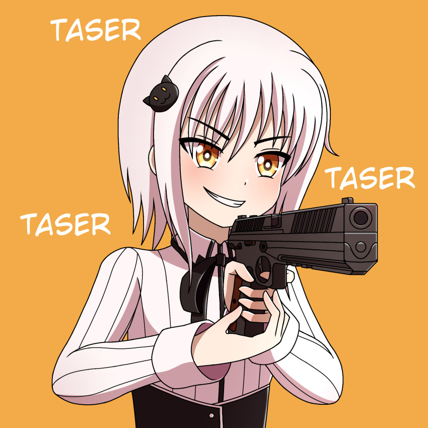 cat gun handgun high_school_dxd highres holding holding_weapon kitten pistol smug toujou_koneko weapon white_hair