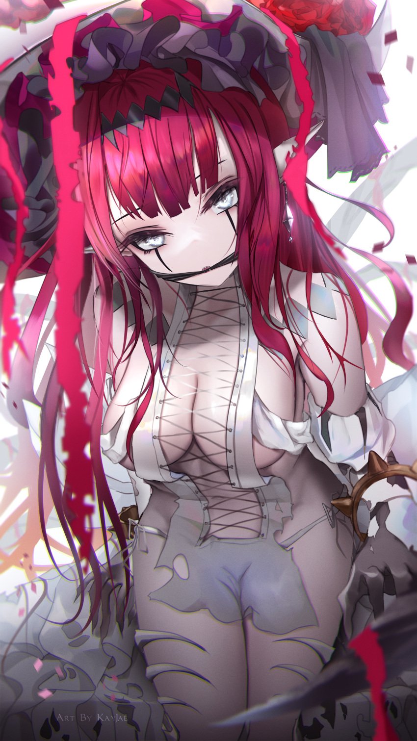 1girl absurdres bangs bare_shoulders bracelet breasts cross-laced_clothes detached_sleeves dress earrings facial_mark fairy_knight_tristan_(fate) fangs fate/grand_order fate_(series) flower gag grey_eyes hairband highres jewelry kayjae large_breasts large_hat long_hair looking_at_viewer navel open_mouth panties pink_hair pointy_ears revealing_clothes rose short_dress sidelocks thighs underwear white_dress white_headwear white_panties
