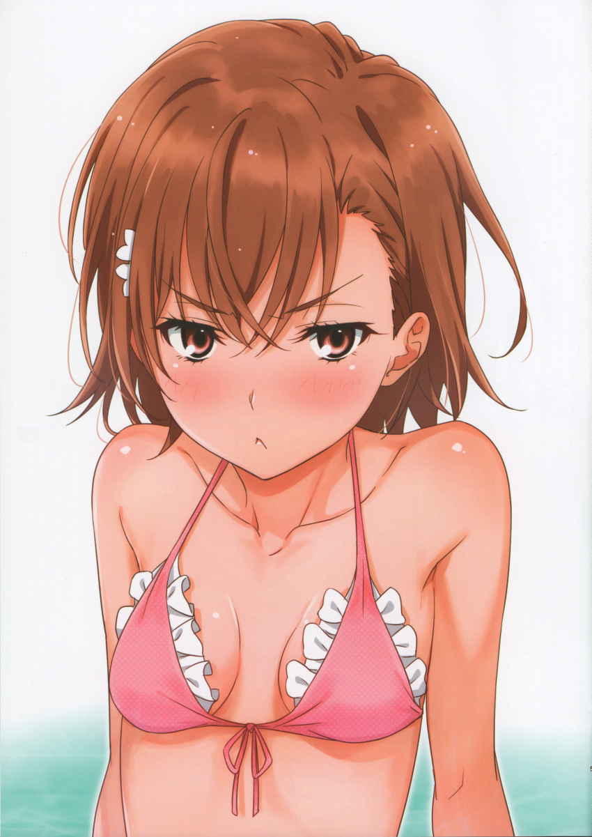 1girl :&lt; absurdres bangs bare_shoulders bikini blush breasts brown_eyes brown_hair collarbone crossed_bangs flower frilled_bikini frills front-tie_bikini front-tie_top frown hair_flower hair_ornament highres looking_at_viewer medium_hair misaka_mikoto pink_bikini pout puma_(hyuma1219) scan small_breasts solo swimsuit to_aru_kagaku_no_railgun to_aru_majutsu_no_index upper_body