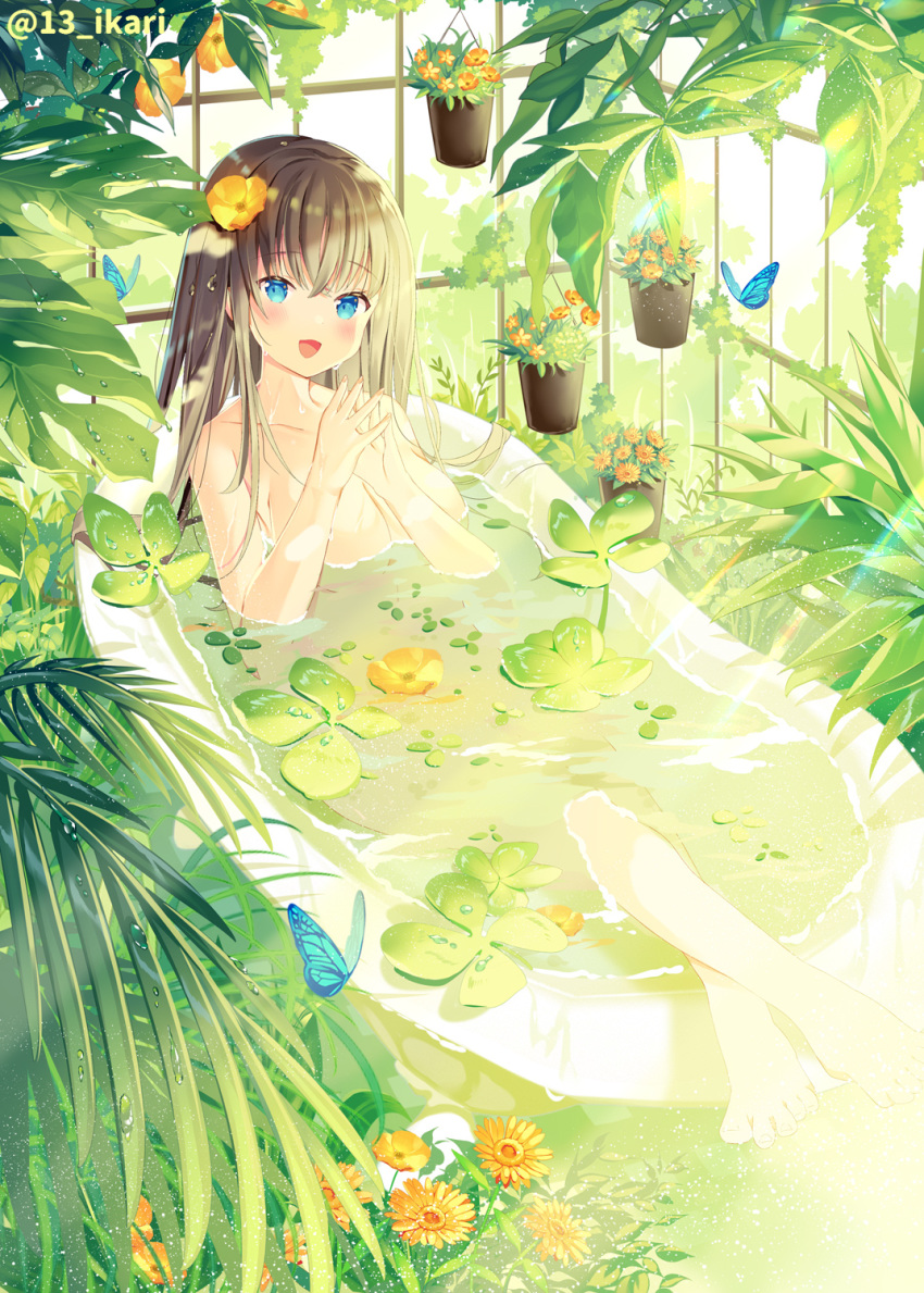 1girl :d animal bangs barefoot bath bathing bathtub blue_eyes blush breasts brown_hair bug butterfly collarbone commentary_request eyebrows_visible_through_hair flower flower_on_liquid flower_pot hair_between_eyes hair_flower hair_ornament hands_up highres ikari_(aor3507) indoors insect large_breasts long_hair looking_at_viewer open_mouth orange_flower original partially_submerged smile solo steepled_fingers twitter_username water