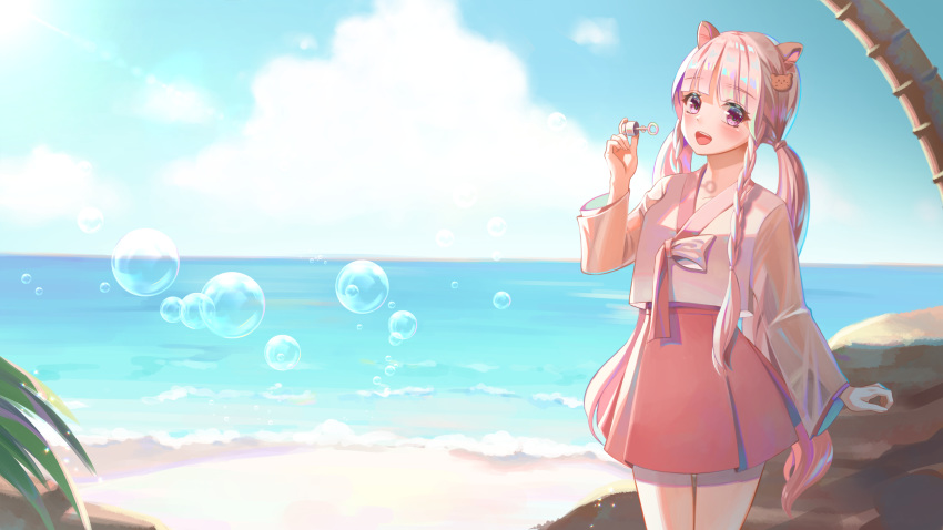 1girl :d absurdres animal_ear_fluff animal_ears bangs bear_hair_ornament blush braid bubble bubble_blowing commentary commission day english_commentary eyebrows_visible_through_hair gonzz_(gon2rix) hair_ornament hand_up highres holding horizon long_hair long_sleeves looking_at_viewer ocean open_mouth original outdoors palm_tree pink_hair pleated_skirt red_skirt see-through see-through_sleeves skirt smile solo standing tree twin_braids twintails upper_teeth very_long_hair violet_eyes water wide_sleeves