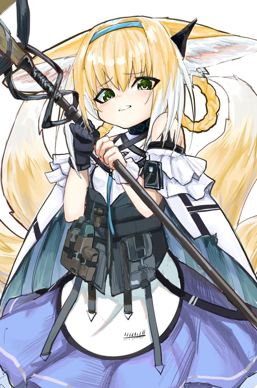 1girl animal_ears arknights bangs blonde_hair braid bulletproof_vest cape commentary_request detached_sleeves dongfang_gu_gu eyebrows_visible_through_hair eyes_visible_through_hair fox_ears fox_girl fox_tail green_eyes hair_between_eyes hairband headset highres holding holding_staff kyuubi long_hair looking_at_viewer multicolored_hair multiple_tails parted_lips pocket sidelocks simple_background solo staff surprised suzuran_(arknights) tail twin_braids two-tone_hair white_background