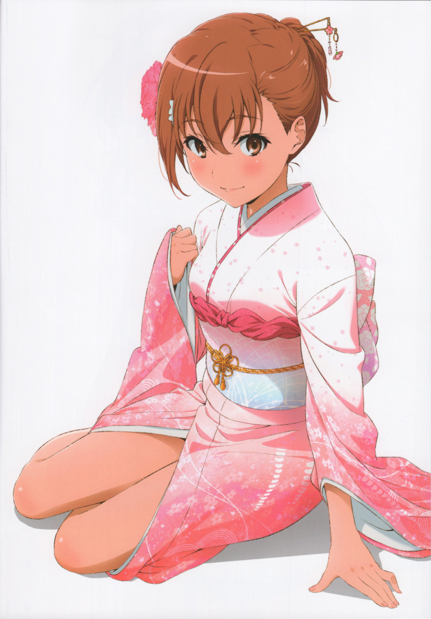 1girl absurdres alternate_costume alternate_hairstyle blush brown_eyes brown_hair eyebrows_visible_through_hair floral_print flower hair_flower hair_ornament hair_stick highres japanese_clothes kimono lips long_sleeves looking_at_viewer misaka_mikoto obi pink_kimono print_kimono puma_(hyuma1219) sash scan short_hair short_ponytail simple_background sitting sleeves_past_wrists smile solo to_aru_kagaku_no_railgun to_aru_majutsu_no_index white_background wide_sleeves yokozuwari yukata