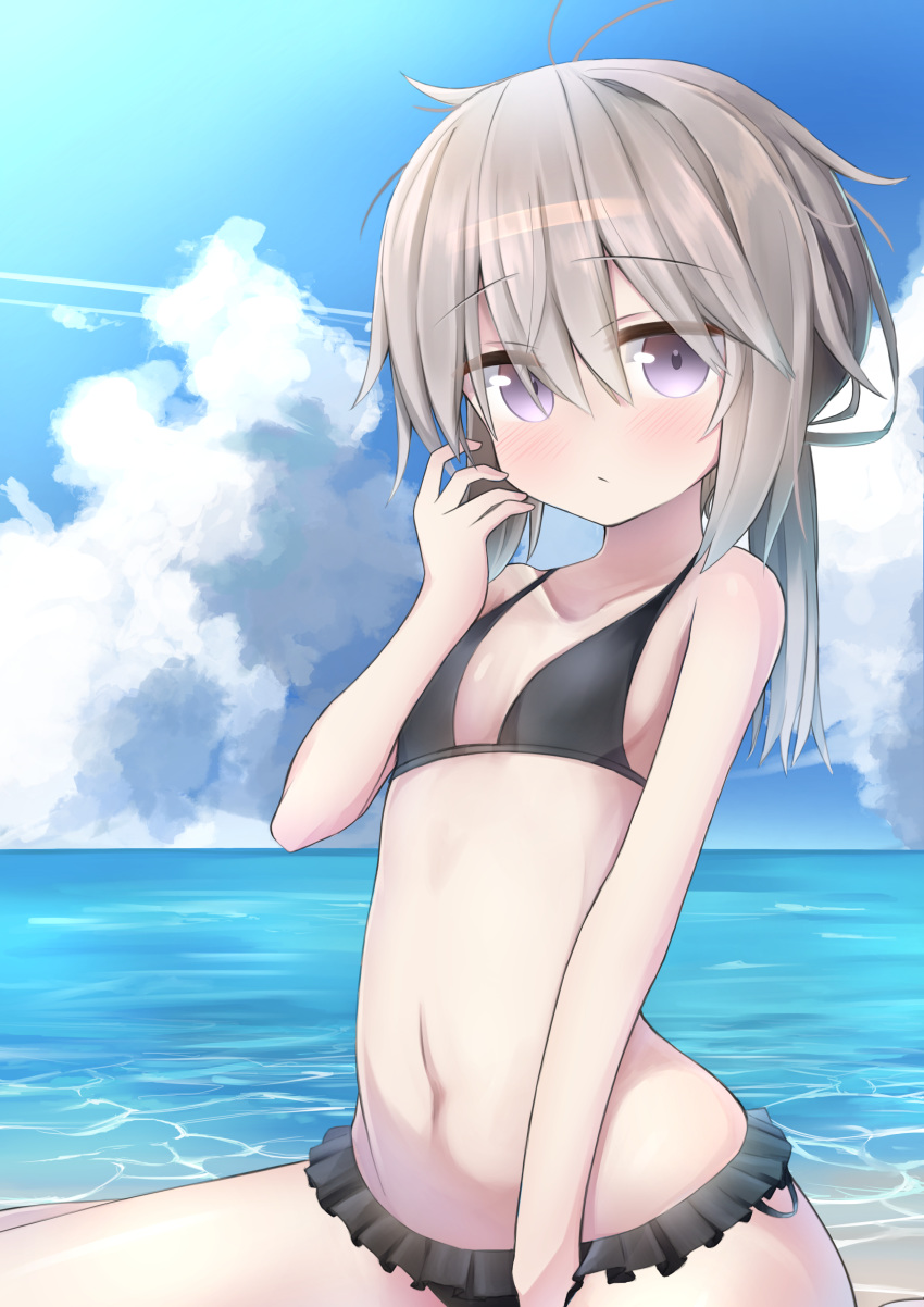 1girl absurdres bikini black_bikini black_swimsuit blue_sky clouds day eyebrows_visible_through_hair frills girls_frontline highres lavender_eyes light_brown_hair looking_at_viewer low_ponytail m200_(girls_frontline) messy_hair ocean ponytail rotroto sky solo swimsuit water