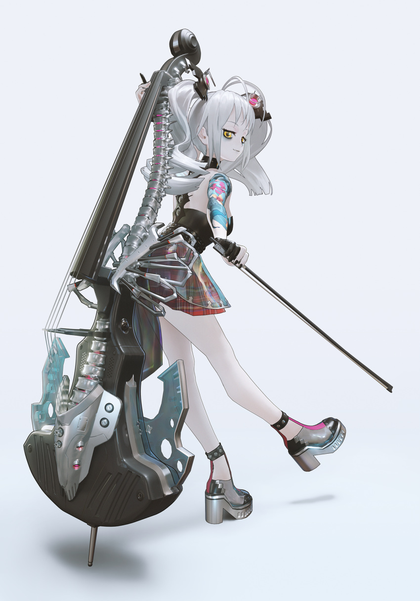1girl ahoge arm_up bangs black_nails boots bow_(instrument) closed_mouth double_bass from_side full_body hair_ornament high_heels highres holding holding_bow holding_instrument instrument legs long_hair looking_at_viewer makeup nail_polish original pale_skin pleated_skirt short_hair shoulder_tattoo silver_hair simple_background skirt smile solo spine standing tattoo transparent_footwear ttk_(kirinottk) twintails yellow_eyes