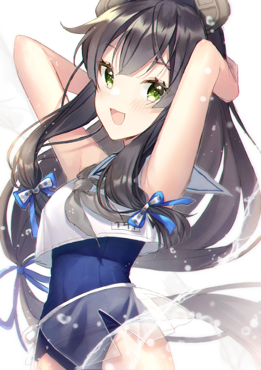 1girl absurdres bangs bare_shoulders black_hair blue_swimsuit chobo_ume commentary_request cowboy_shot green_eyes highres i-47_(kantai_collection) kantai_collection long_hair looking_at_viewer school_swimsuit see-through_skirt simple_background skirt solo swimsuit white_background