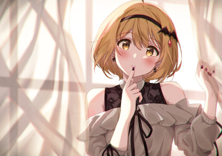 1girl bare_shoulders blonde_hair blush commentary_request earrings eyebrows_visible_through_hair finger_to_mouth hairband highres hololive jewelry long_sleeves looking_at_viewer nail_polish narumi_nanami parted_lips purple_nails short_hair solo upper_body virtual_youtuber window yellow_eyes yozora_mel