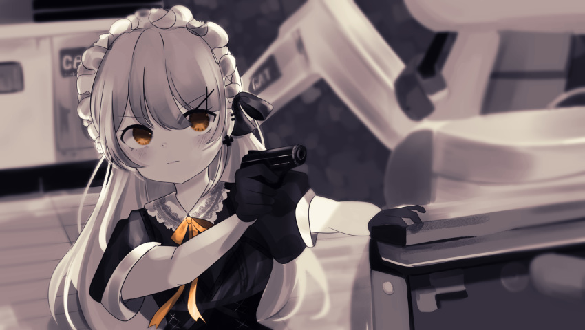 1girl bangs black_gloves expressionless frilled_hairband frills girls_frontline gloves gun hairband handgun highres james_bond_(series) light_brown_hair long_hair movie_reference muted_color orange_eyes ppk_(girls_frontline) scene_reference skyfall solo spot_color very_long_hair walther walther_ppk weapon whitebc