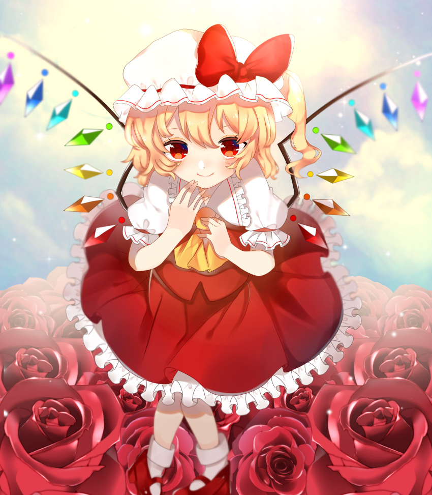 1girl absurdres ankle_socks arms_up blonde_hair blue_sky blurry blush clouds commentary_request cravat depth_of_field english_commentary eyebrows_visible_through_hair flandre_scarlet floral_background flower foreshortening hand_on_own_chin hat hat_ribbon highres hyaku_paasento knees_together_feet_apart looking_at_viewer mary_janes mixed-language_commentary mob_cap one_side_up petticoat puffy_short_sleeves puffy_sleeves red_eyes red_flower red_footwear red_rose red_skirt red_vest ribbon rose shirt shoes short_hair short_sleeves sitting skirt sky smile solo touhou vest white_headwear white_legwear white_shirt wings yellow_neckwear