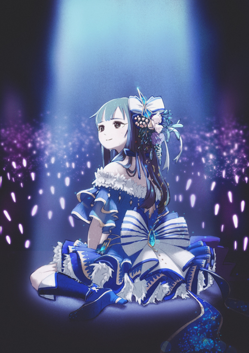 1girl absurdres alternate_costume bangs bare_shoulders black_eyes blue_dress blue_footwear blue_hair boots bow closed_mouth copyright_name deg_(deguana) dress flower frilled_dress frills from_behind full_body hair_bow hair_flower hair_ornament highres idolmaster idolmaster_cinderella_girls idolmaster_cinderella_girls_starlight_stage jewelry knee_boots long_hair looking_to_the_side mizumoto_yukari off-shoulder_dress off_shoulder seiza sitting smile solo white_bow white_flower