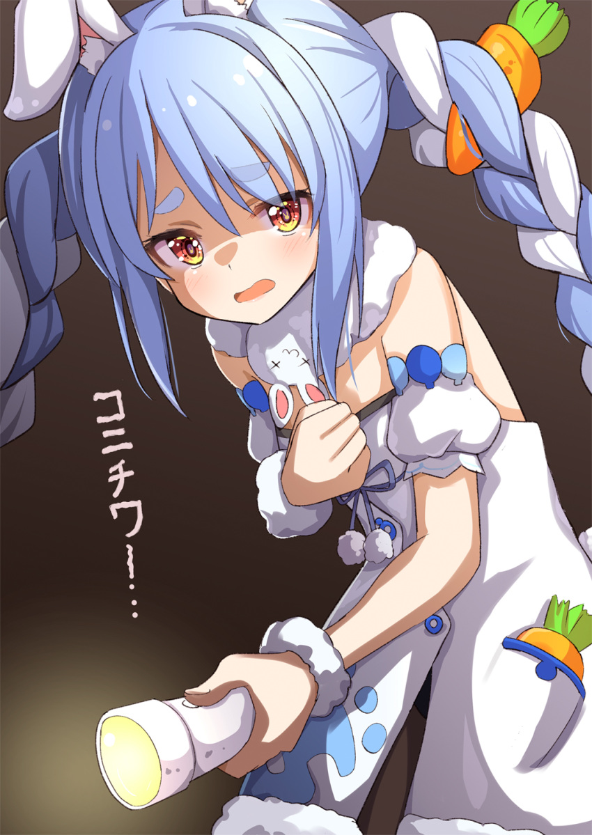 1girl ame. animal_ear_fluff animal_ears bangs black_leotard blue_hair braid brown_legwear carrot_hair_ornament commentary_request detached_sleeves don-chan_(hololive) dress eyebrows_visible_through_hair flashlight food_themed_hair_ornament fur-trimmed_dress fur_trim hair_between_eyes hair_ornament highres holding hololive leotard long_hair open_mouth pantyhose puffy_short_sleeves puffy_sleeves rabbit_ears red_eyes scared short_sleeves sidelocks strapless strapless_dress strapless_leotard thick_eyebrows translated twin_braids twintails usada_pekora virtual_youtuber white_dress white_hair white_sleeves x_x