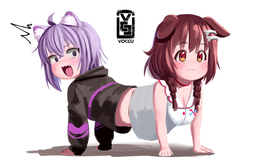 /\/\/\ 2girls :3 :d absurdres ahoge all_fours animal_ear_fluff animal_ears bangs black_hoodie bone_hair_ornament breasts brown_eyes brown_hair cartoon_bone cat_girl collar conjoined dog_ears dog_girl dress empty_eyes fang highres hololive hololive_gamers inugami_korone looking_back low_twin_braids medium_breasts midriff multiple_girls nekomata_okayu no_feet open_mouth purple_hair red_collar small_breasts smile smug surprised violet_eyes virtual_youtuber voccu white_background white_dress