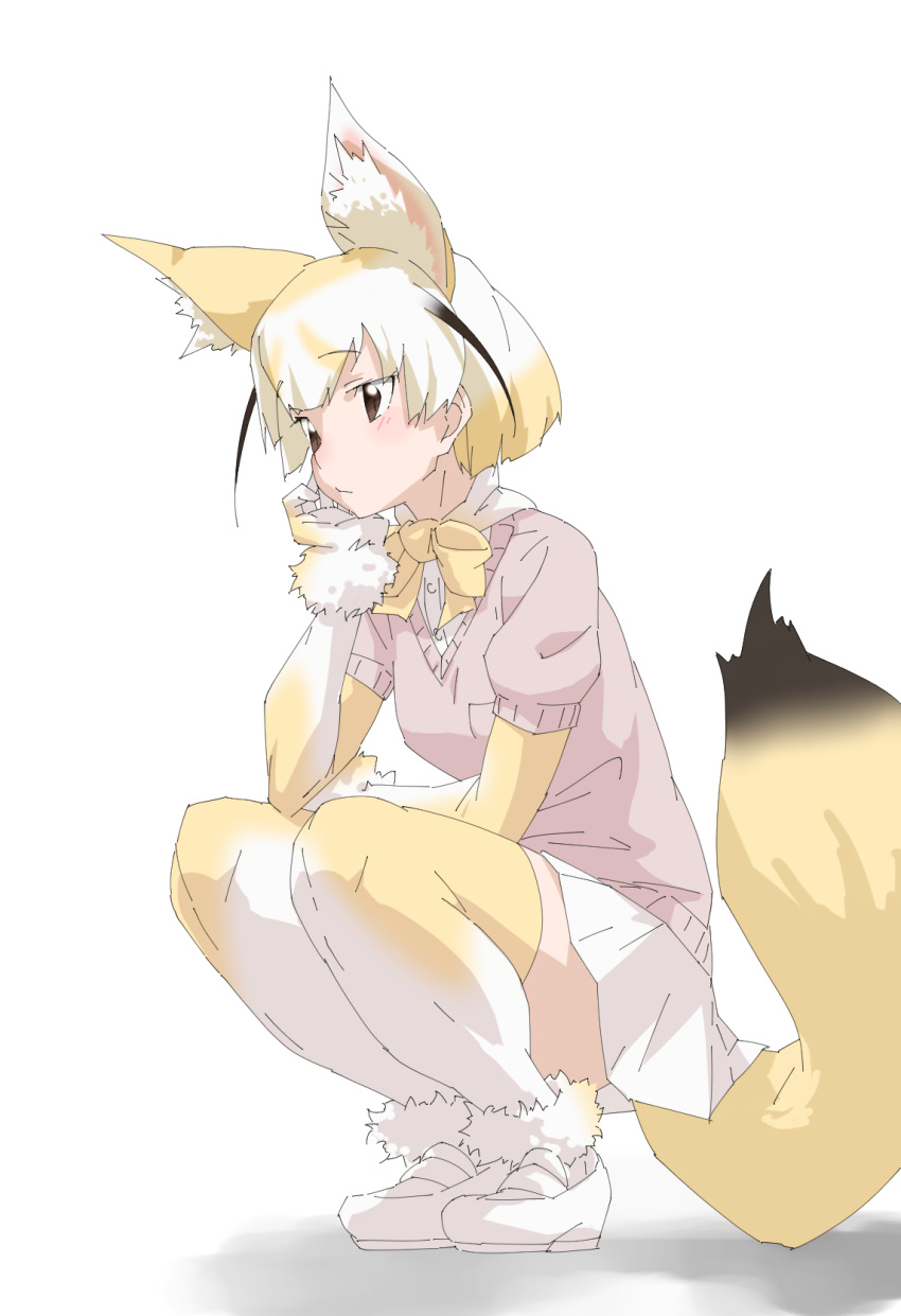 1girl animal_ears arm_rest black_hair blonde_hair bow bowtie breast_pocket brown_eyes chin_rest closed_mouth elbow_gloves elbow_rest expressionless extra_ears eyebrows_visible_through_hair fennec_(kemono_friends) fox_ears fox_tail from_side full_body fur_trim gloves head_rest highres kemono_friends looking_afar miniskirt multicolored_hair pink_sweater pleated_skirt pocket shoes short_hair short_sleeve_sweater short_sleeves skirt solo squatting sweater tail tanabe_(fueisei) thigh-highs white_hair white_skirt zettai_ryouiki