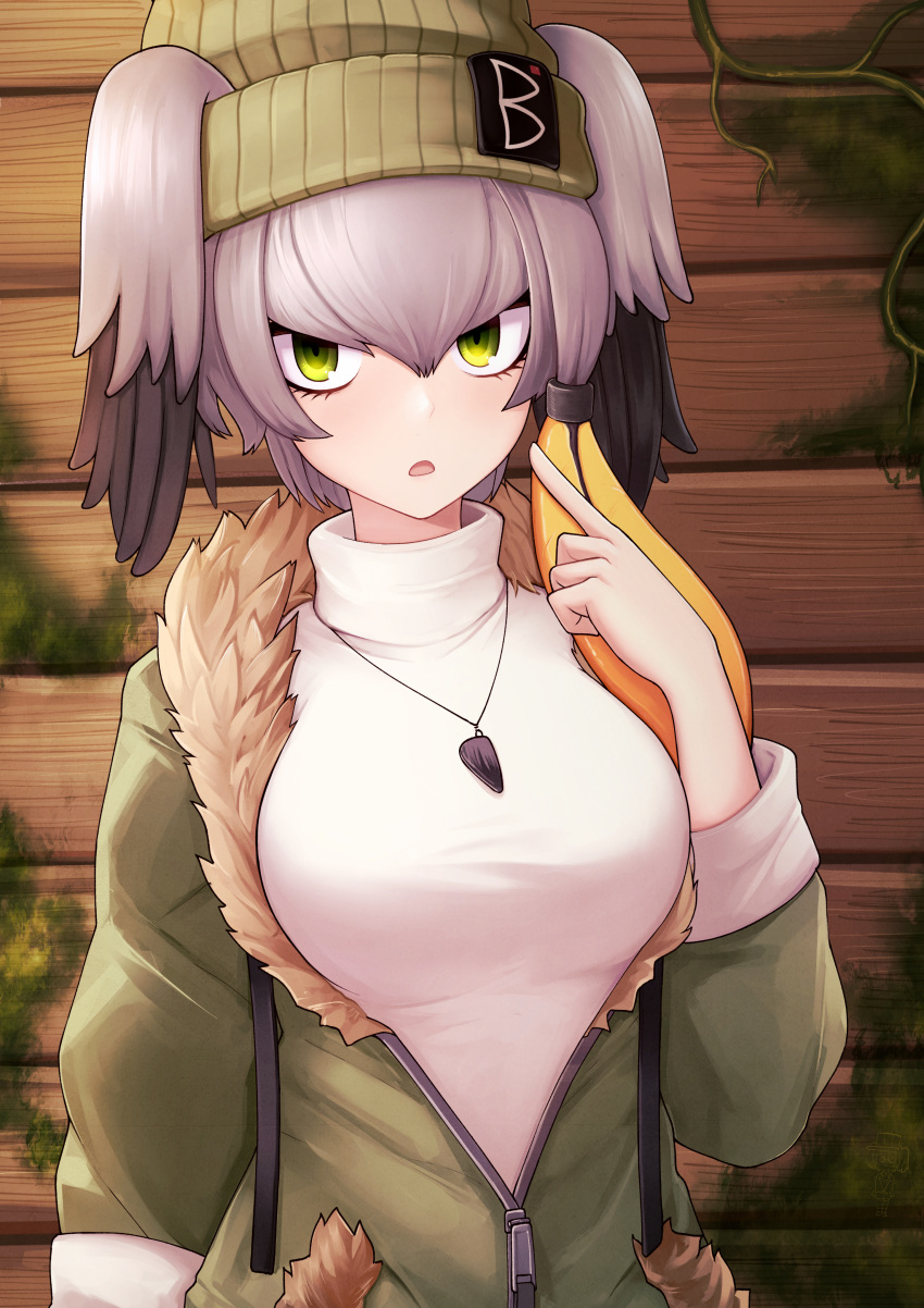 1girl absurdres arm_at_side bangs beanie black_hair breasts casual contemporary fur_trim green_eyes grey_hair hair_between_eyes hair_through_headwear hand_up hat highres jacket jacy jewelry kemono_friends long_hair long_sleeves looking_at_viewer multicolored_hair open_mouth orange_hair partially_unzipped pendant pocket pointing pointing_at_self shoebill_(kemono_friends) sidelocks solo sweater upper_body zipper zipper_pull_tab
